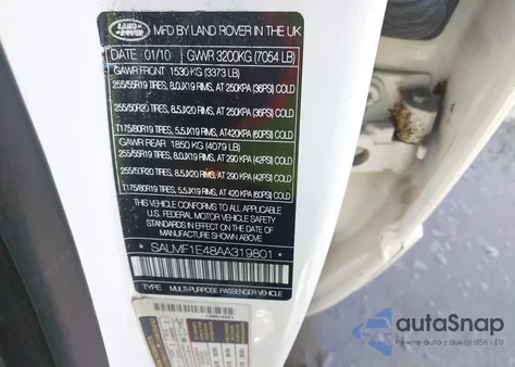 2010 Land Rover Range Rover Supercharged из США, поврежденный, VIN SALMF1E48AA319801